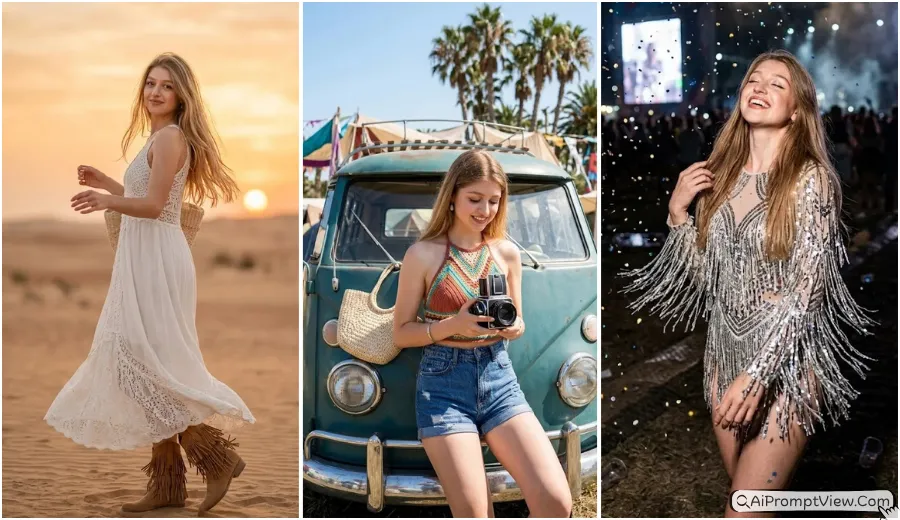 Gemini AI Coachella Festival Aesthetic Girls Photo Prompts 2026 – Trendy Boho Style Edits