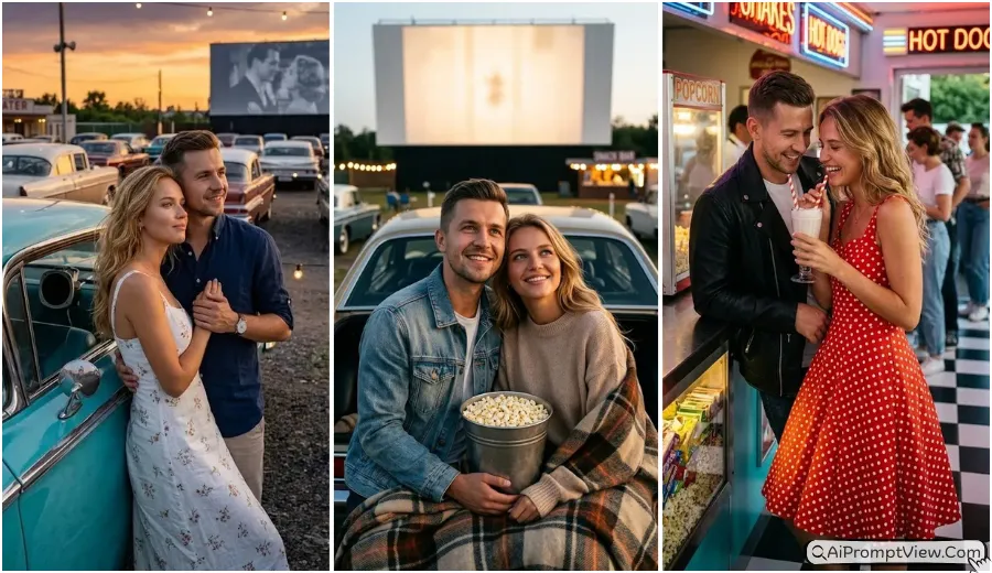 10 Retro Drive In Movie Couple AI Photo Prompts Romantic Vintage Car Scenes