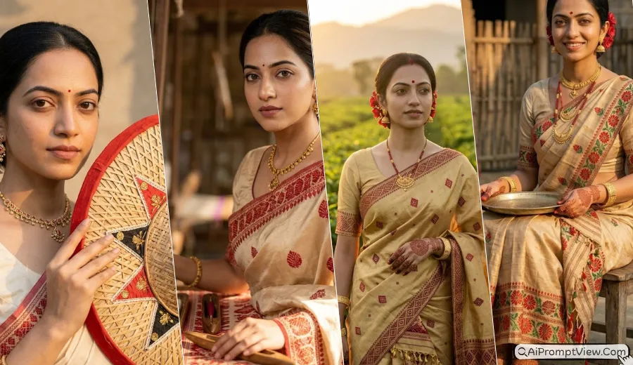 Assam Mekhela Chador Traditional Look Prompts for Girls