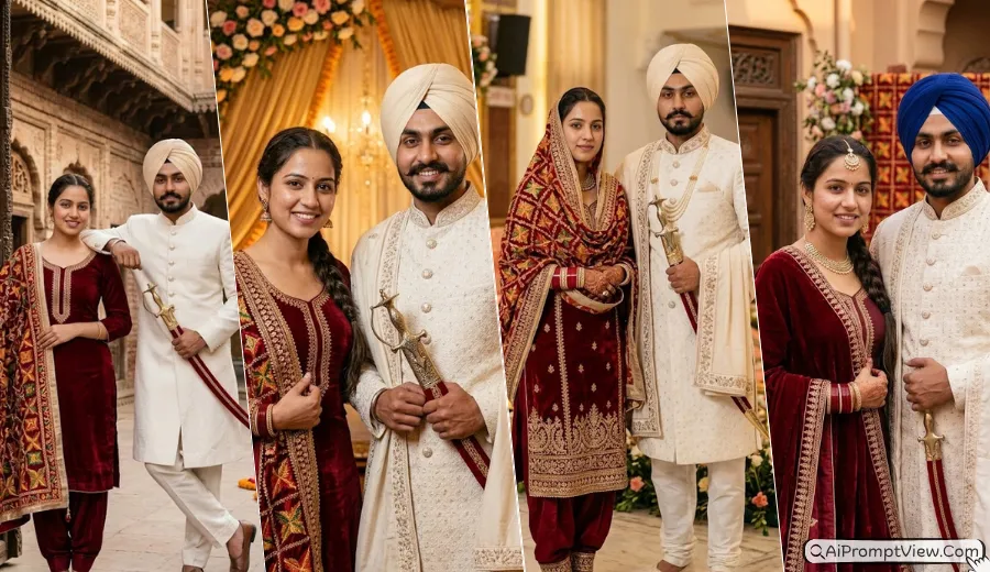 The Anand Karaj Velvet Royal Couple AI Photo Prompts – Punjabi Look
